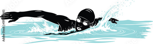 Dynamic Freestyle Swimmer Performing Front Crawl Stroke with Water Splash, Black Silhouette Vector Illustration of Competitive Aquatic Sport Isolated on White Background