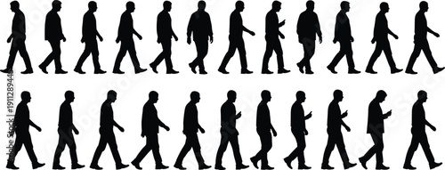 Set of Male Walking Silhouettes in Side View Isolated on White Background, Human Pedestrian Motion Sequence Vector Collection for Design and Illustration