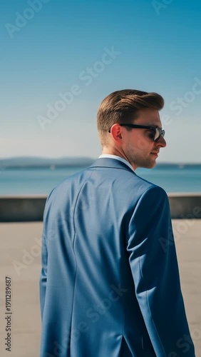 Wallpaper Mural Man in Blue Suit and Sunglasses Looking Out at the Ocean, Back View Torontodigital.ca