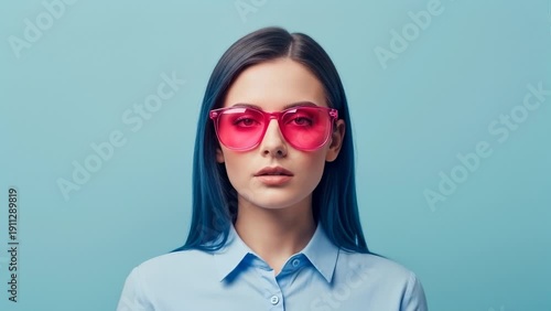 Wallpaper Mural Stylish Young Woman With Blue Hair Adjusting Pink Sunglasses Against Blue Background Torontodigital.ca