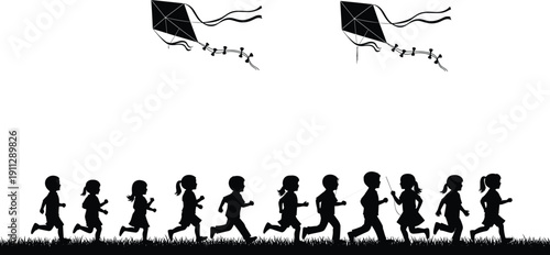 Silhouette of children running on grass flying kites in summer park, playful childhood freedom concept vector illustration isolated on white background outdoor family activity scene