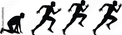 Sprinter silhouette sequence showing male athlete progression from starting position to full speed sprint isolated on white background, dynamic running motion vector illustration set