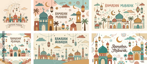 Vector set of Ramadan Mubarak greeting cards. Hand-drawn mosques with lanterns, crescent moons, and palm trees. Boho ethnic composition for Islamic holy month. Banner design.