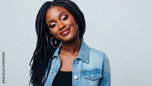 Wallpaper Mural Young Black Woman With Braids Smiling and Looking Confident in a Denim Jacket and Hoop Earrings Torontodigital.ca