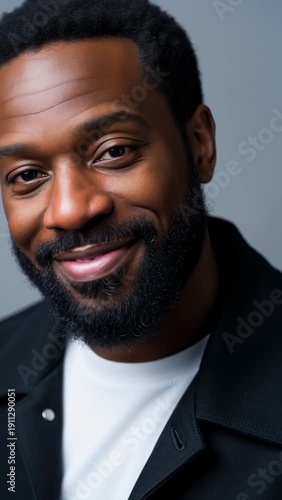 Wallpaper Mural Close-Up Portrait of a Smiling Black Man With Beard and Black Jacket Against a Gray Background Torontodigital.ca
