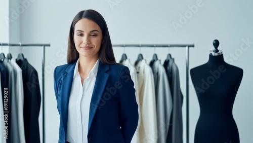 Wallpaper Mural Fashion Designer Confidently Posing in Studio With Mannequin and Clothing Racks Torontodigital.ca