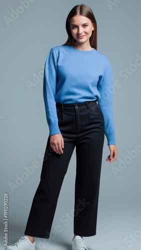 Wallpaper Mural Young Woman in Blue Sweater and Black Pants Poses Confidently in Studio Torontodigital.ca