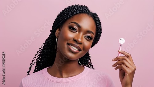 Wallpaper Mural Young Black Woman Smiling With Eyes Closed Holding a Dental Mirror in a Pink Studio Torontodigital.ca