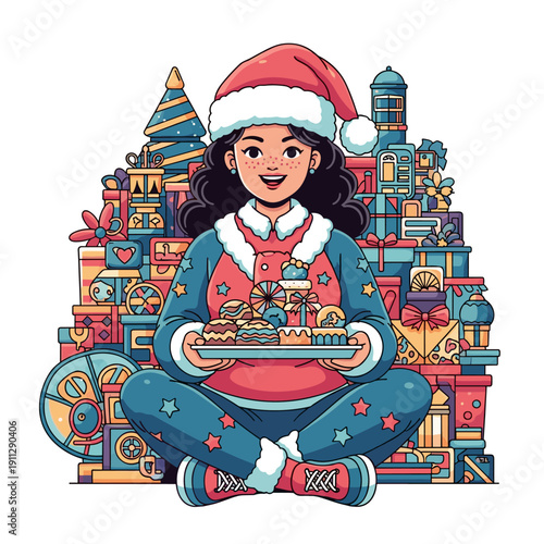 Christmas girl holding holiday cookies surrounded by gifts and festive cheer