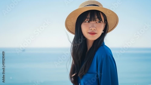 Wallpaper Mural Young Woman Wearing Straw Hat and Blue Shirt Looking Out at the Ocean on a Sunny Day Torontodigital.ca
