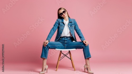 Wallpaper Mural Stylish Woman in Denim Outfit Poses Confidently on Chair, Studio Portrait Torontodigital.ca