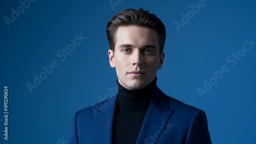 Wallpaper Mural Elegant Young Man Wearing Blue Suit and Black Turtleneck, Posing With a Confident Gaze Against a Blue Background Torontodigital.ca