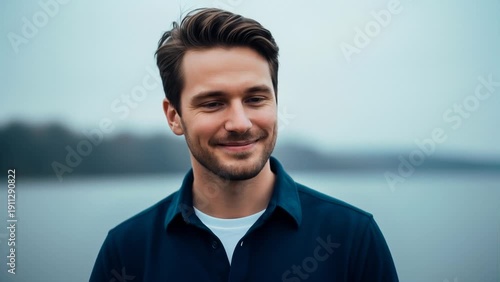 Wallpaper Mural Joyful Man Laughing Outdoors With Water and Trees in Background, Natural Light Torontodigital.ca