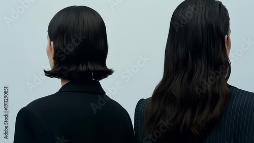 Wallpaper Mural Two Elegant Women in Suits Posing Back to Back, Showing Different Hairstyles and Business Attire Torontodigital.ca