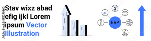 Business management, ERP systems, financial planning, process optimization, data analysis, strategic growth. Bar chart and connected icons with ERP centerpiece. Business management and ERP systems
