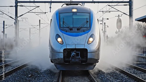 Modern train moving on railroad tracks with speed and power