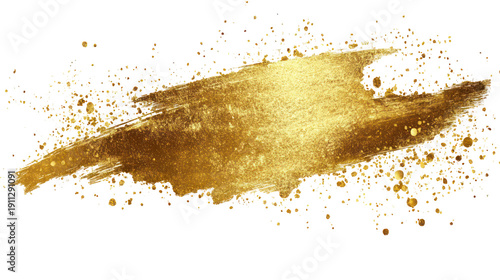 A gold paint stroke on a black background with splatters on transparent background