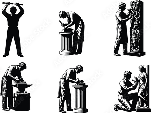 Set of artisan silhouettes, blacksmith and sculptor craftsmen working on statues, vintage engraving style vector, creative workshop masonry trade icons,