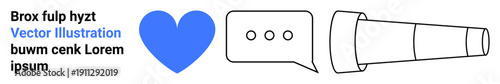 Communication, love, exploration, relationships, messaging, discovery. Blue heart, speech bubble and telescope icons in clean style. Communication and love symbols for creative projects