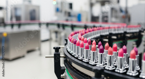 Manufacturing process of lipsticks on a production line in an industrial setting