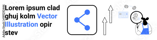 Data sharing, analytics, business growth, collaborative tools, technology, connectivity. A connected network icon with arrows and a person analyzing financial data. Data sharing and analytics