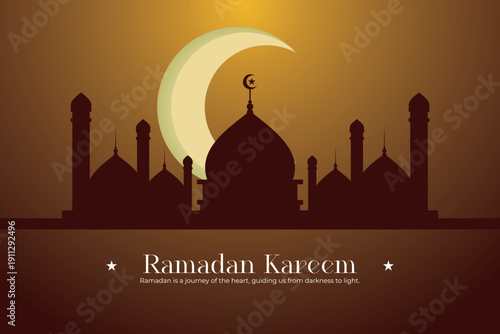 Ramadan Kareem Silhouette of Mosque and Crescent Moon with Warm Sunset Glow - Islamic Celebration of Fasting and Prayer