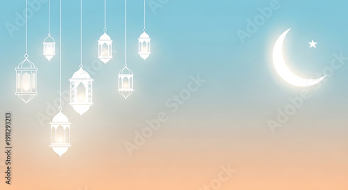 Hanging lanterns illuminate the night sky under a glowing crescent moon in a serene illustration
