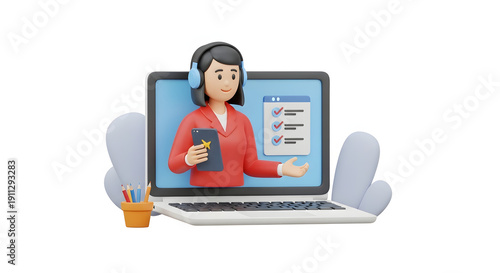 Woman Wearing Headset on Laptop Screen.