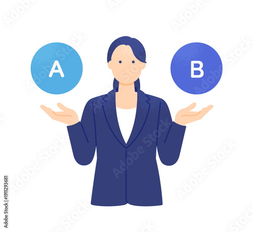 AとBを比較するビジネスウーマン。2つの選択肢を検討する女性のイラスト素材。