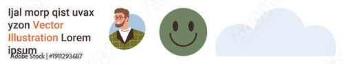 Online profiles, weather apps, mental wellness, digital communication, social media, and positivity. Man avatar, green happy face and cloud shapes. Online profiles and weather apps concept