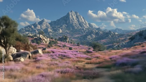 Scenic mountain range landscape with field of purple flowers daytime view