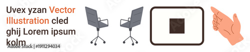 Office tools, gestures, navigation, workspace setup, interaction, business environment. Two office chairs, a square icon and a pointing hand gesture. Workspace setup and interaction concept