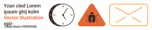 Cybersecurity, malware detection, spam protection, digital threats, time management, email communication. Clock, warning sign with bug email icon. Cybersecurity and malware detection