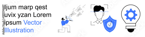 Online security, innovation, software development, digital identity, problem-solving, technology concepts. A person with tools and icons thumbs up a shield, gear and lightbulb. Cybersecurity