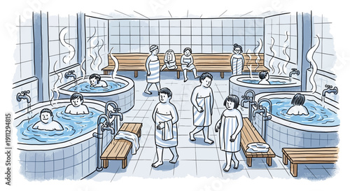 Illustration of a communal bathhouse with multiple tiled tubs filled with water and people relaxing in them, surrounded by benches and steam.