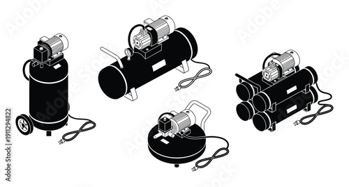 Air compressor machines set for industrial garage and workshop equipment maintenance