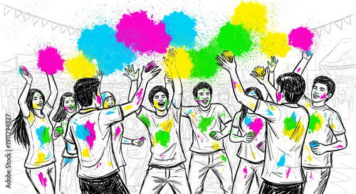 A group of happy young people celebrating a festival by throwing colored powders in the air.