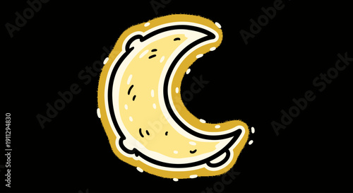 A whimsical, hand-drawn illustration of a crescent moon with a textured surface and a glowing outline.