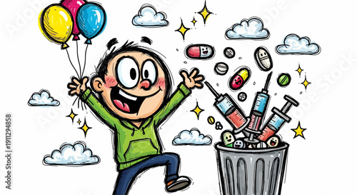 A joyful cartoon boy holding balloons, celebrating the disposal of syringes and pills into a trash can, symbolizing freedom from substance abuse.