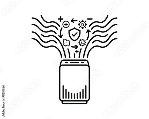 Air purifier cleaning air from dust, bacteria, viruses and germs with wavy lines and arrows