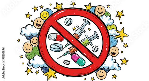 A vibrant illustration depicts a red prohibition sign overlaying various pills and syringes, symbolizing the rejection of drug use and promoting a drug-free lifestyle.