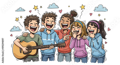 Five happy friends laughing and playing guitar together, enjoying a joyful moment.
