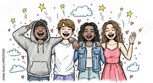 A diverse group of four young friends, two boys and two girls, are joyfully embracing each other with wide smiles and laughter, surrounded by whimsical stars and clouds.