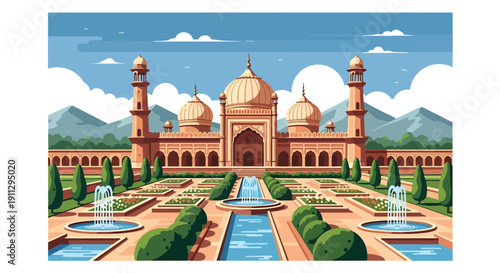 Flat vector illustration of Mughal-style mosque with sandstone domes and symmetrical garden, showing classical Islamic architecture and heritage