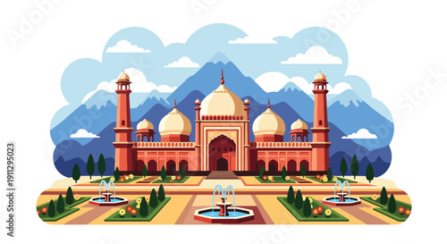 Flat vector illustration of Mughal-style mosque with sandstone domes and symmetrical garden, showing classical Islamic architecture and heritage