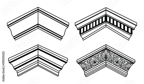 Architectural corner moldings with geometric and ornamental carvings