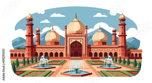 Flat vector illustration of Mughal-style mosque with sandstone domes and symmetrical garden, showing classical Islamic architecture and heritage