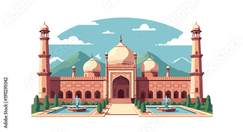 Flat vector illustration of Mughal-style mosque with sandstone domes and symmetrical garden, showing classical Islamic architecture and heritage