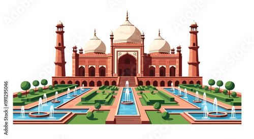 Flat vector illustration of Mughal-style mosque with sandstone domes and symmetrical garden, showing classical Islamic architecture and heritage