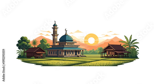 Modern flat vector illustration of rural village mosque surrounded by rice fields and wooden houses at sunrise, showing peaceful countryside worship